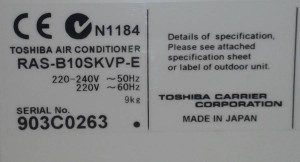 štítek vnitřní klimatizace Toshiba - www.servis-klimatizace.eu